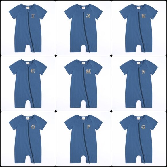 MONOGRAM-BABY ROMPER-*NWT* Short Sleeve Short Double Zipper Bodysuit Cotton Blue - Picture 13 of 16